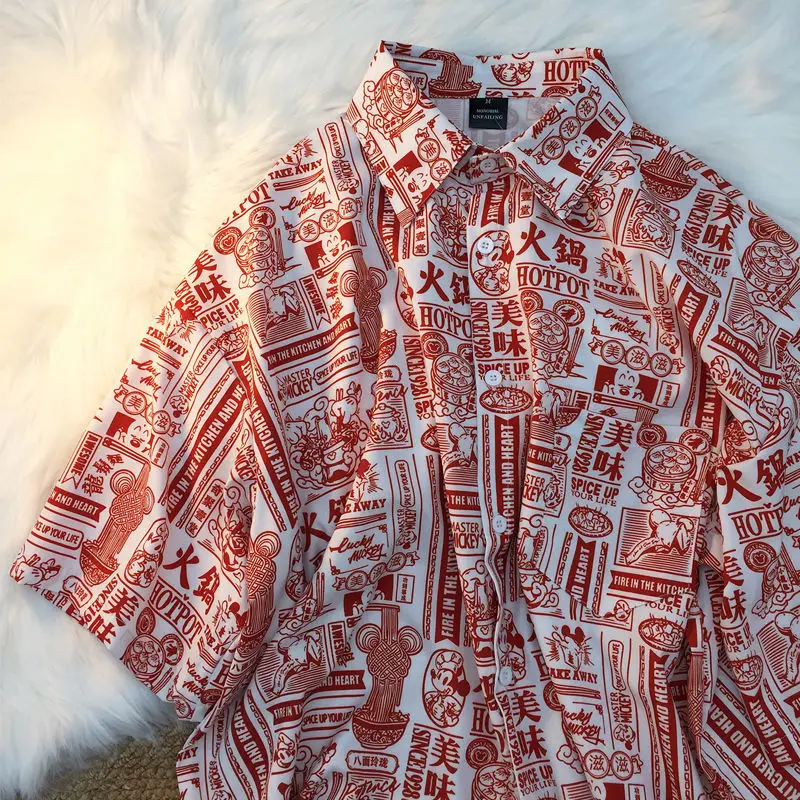 

Dark lcon Full Printed Oversized Shirt Women Men Summer Loose Woman Man Shirts Male Top Black Red Couples Buttons 2021 New