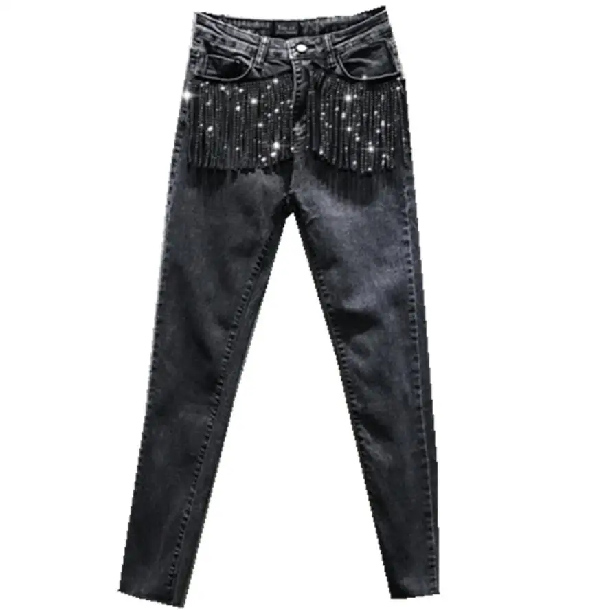Женские джинсы в тяжелом стиле демисезонные облегающие с кисточками и высокой