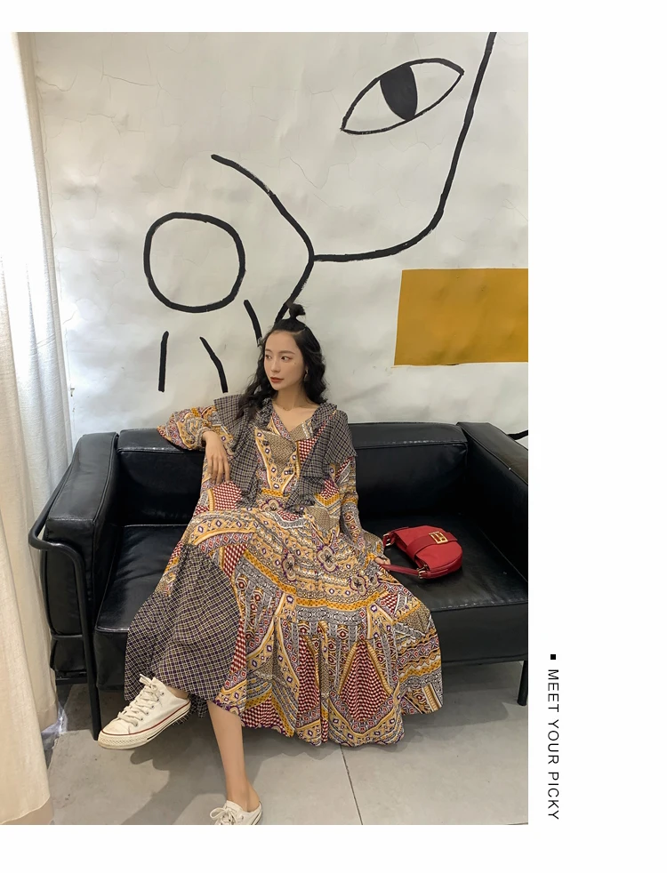 

Dresses Women's Clothing Spring New Dress Ethnic Style Loose Western Style Belly Chiffon Dress Swing Long Dress Kawaii