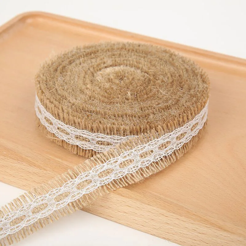 

2 Meter Natural Jute Burlap Rolls Hessian Ribbon With Lace Vintage Rustic Wedding Decoration Wedding Party Favors 2.5cm