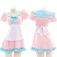 japanese sweet lolita pink blue collar kawaii maid uniform dress outfit mori girl sailor suit short sleeve dress nightdress gift
