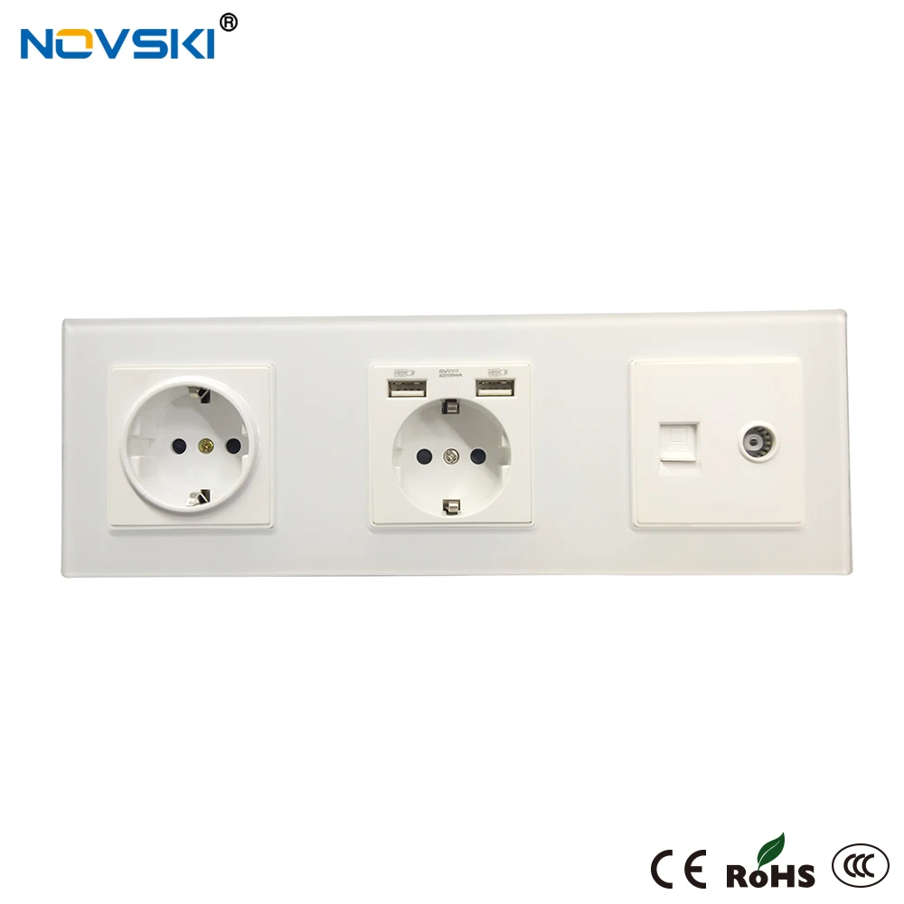 Schuko USB Cat6 ТВ гибридная вилка настенная розетка из хрустального стекла