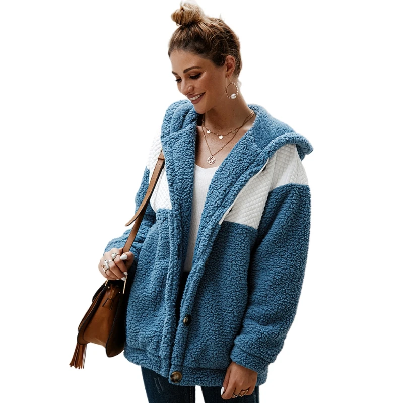 

Women Stitching Hoodie Plush Sweatshirt with Pockets Long Sleeve Buttons Coat