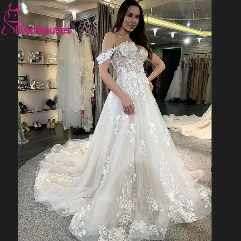 

Off Shoulder Beach Wedding Dresses Lace Appliques A-line Elegant 2020 Bride Dress Bridal Gowns Boho Vestido de noiva