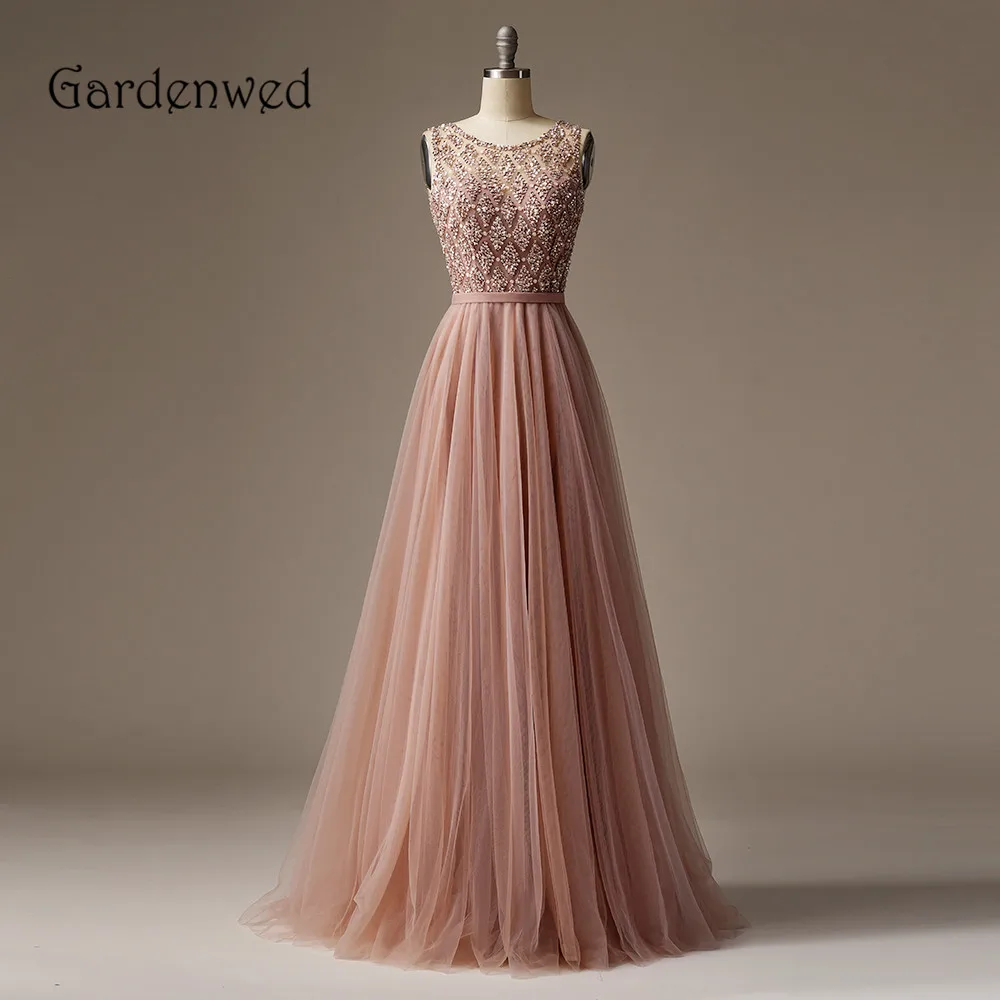 

Gardenwed 2020 Nude Top Beaded Evening Dress Sheer Neckline Long Tulle A Line Formal Woman Gown Grid Bead Young Girl Prom Dress