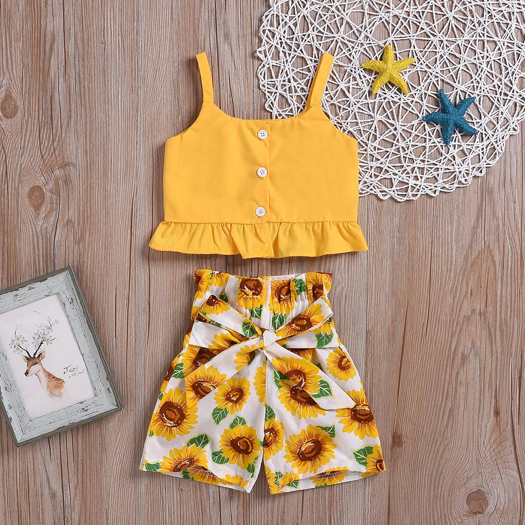 Детская одежда TELOTUNY топ без рукавов и с оборками на пуговицах + шорты принтом