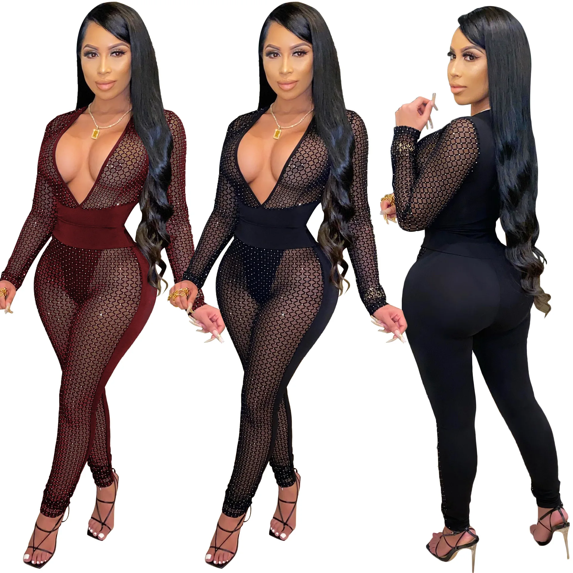 

Sexy Sheer Mesh Women Jumpsuit See Through Deep V-neck Long Sleeve Party Night Clubwear bodysuit jumpsuit women dropshipping