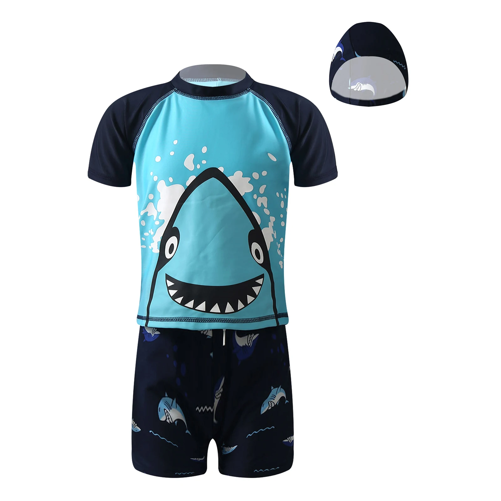 

3Pcs Kids Boys Swimming Suit Short Sleeves Cartoon Shark Print Tops with Shorts and Hat Set Beachwear Bathing Suits Swimwear Set