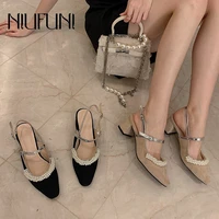 summer pearl mary jane baotou womens sandals retro thick mid heel belt buckle women shoes high quality suede square toe sandals