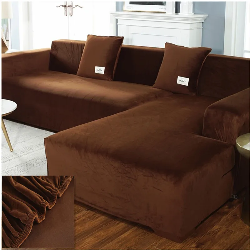 

Velvet plush L-shaped living room sofa cover elastic furniture solid color sofa cover chair chaise longue corner solid sofa cove