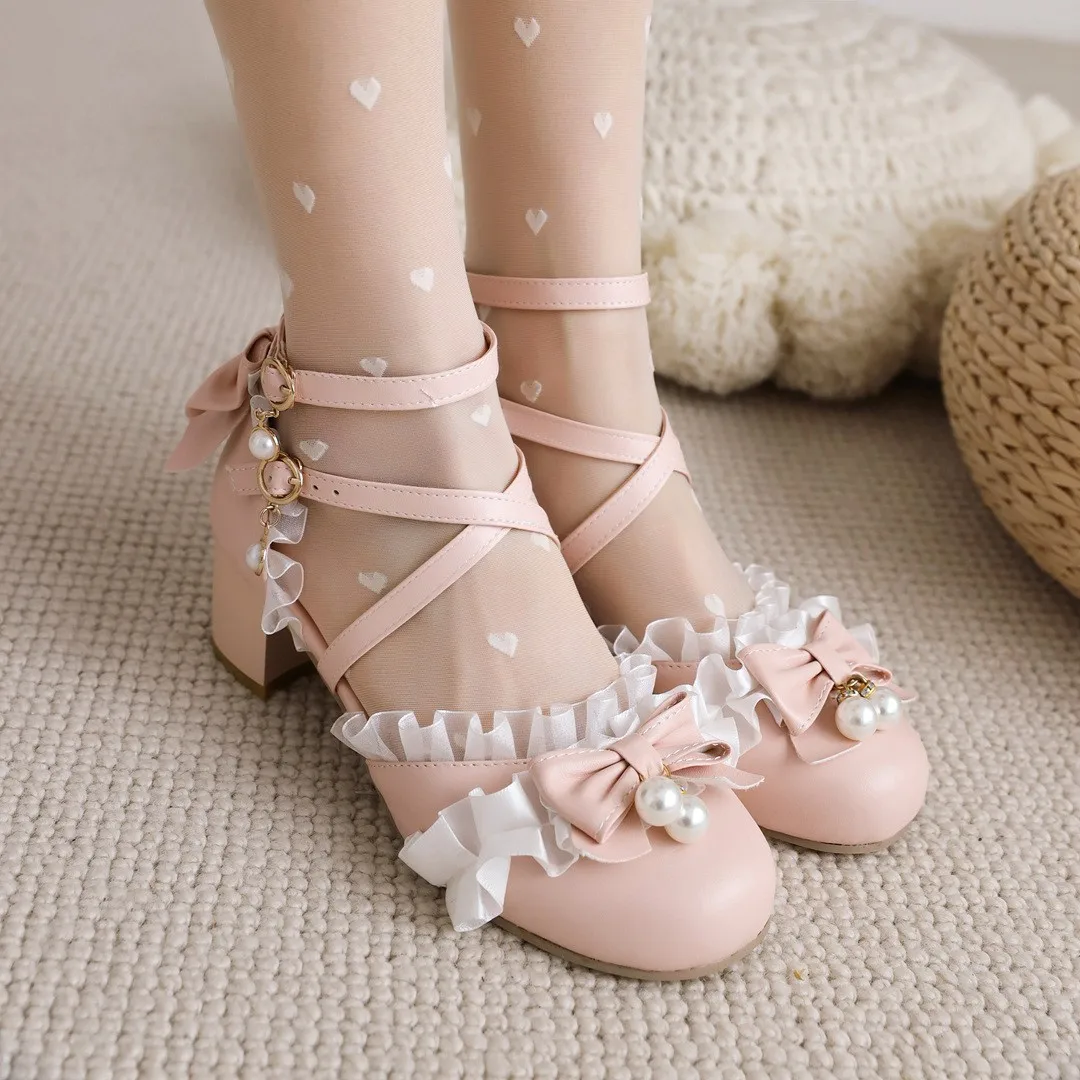 

New Lolita Women's Shoes Spring Summer 2022 Covered Toe Cross-strap Bow Lace Ruffles Sweet Princess Hollow Sandals Pink White