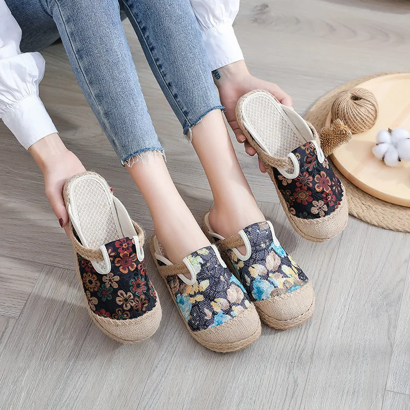 Spring Autumn Women Shoes Anti-slip Flower Cloth Casual Breathable Ladies Linen Slippers Indoor Retro Mixed Color Female Slipper