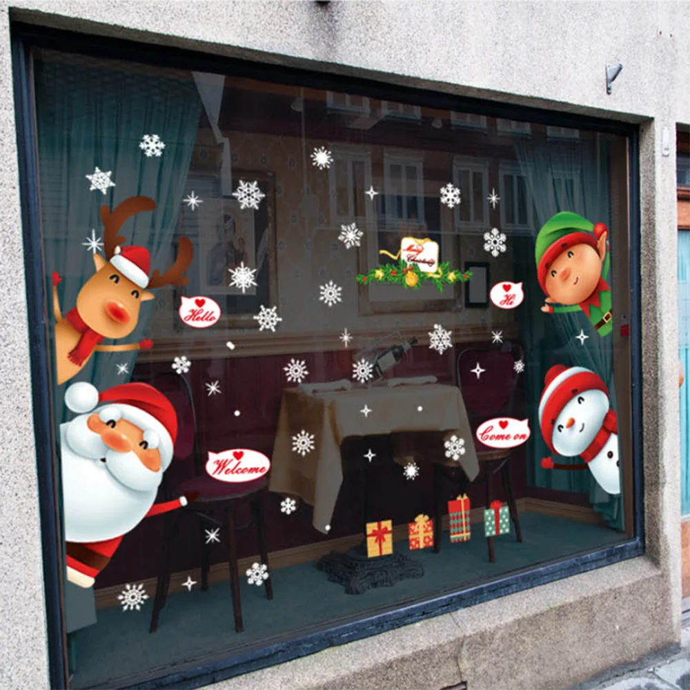 Мультяшные рождественские наклейки для витрины съемные Санта Клаус Снеговик