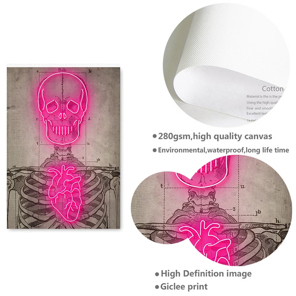 Скандинавская неоновая картина в форме сердца скелета винтажная на стену