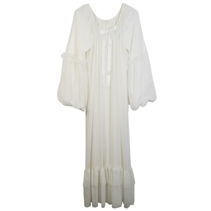 

Long-Sleeved Mesh Nightdress Women Plus Size Loose Princess Style Cute Bow Lace Pajamas Round Neck Solid Sleeping Dress Spring