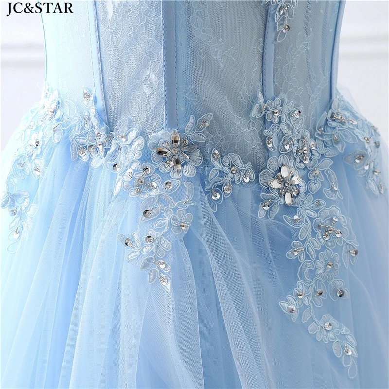 Женское вечернее платье со шлейфом синее фатиновое с аппликацией из бисера