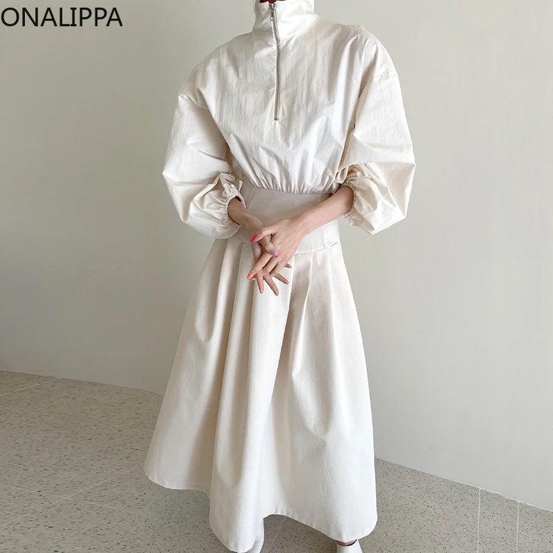 

ONALIPPA элегантное корейское шикарное темпераментное платье с воротником-стойкой и молнией дизайнерское Плиссированное длинное платье с пыш...