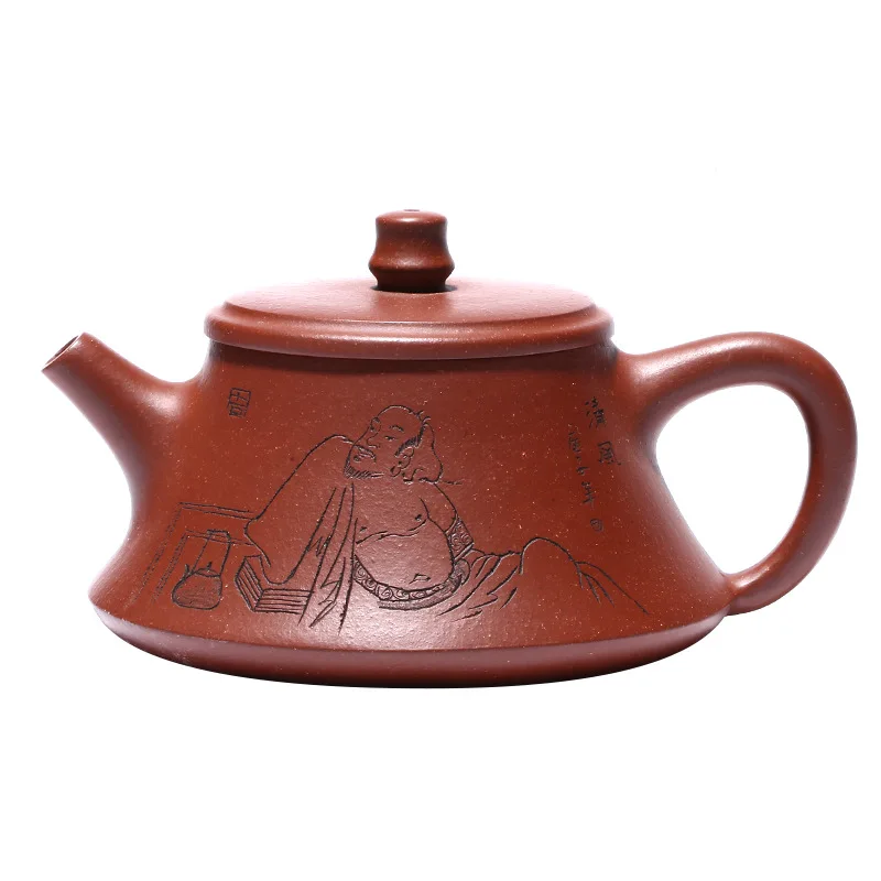 

Famous craftsman's hand engraving of Yixing raw ore bottom Cao Qing Yuzhu purple clay teapot gift