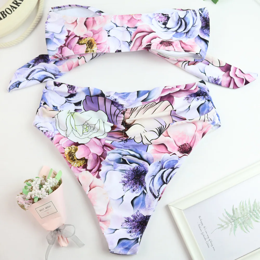 

2021 Sexy Bandeau Bikini High Waist Swimsuit Push Up Swimwear Women Floral Printed Bathing Suits Summer Beach Wear Swimming Suit