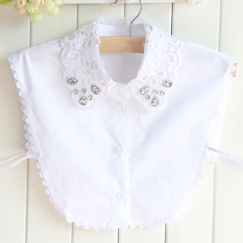 

Korean Women Autumn Cotton Detachable Half Shirt Blouse Hollow Out Floral Lace Lapel False Fake Collar Rhinestone Embellished De