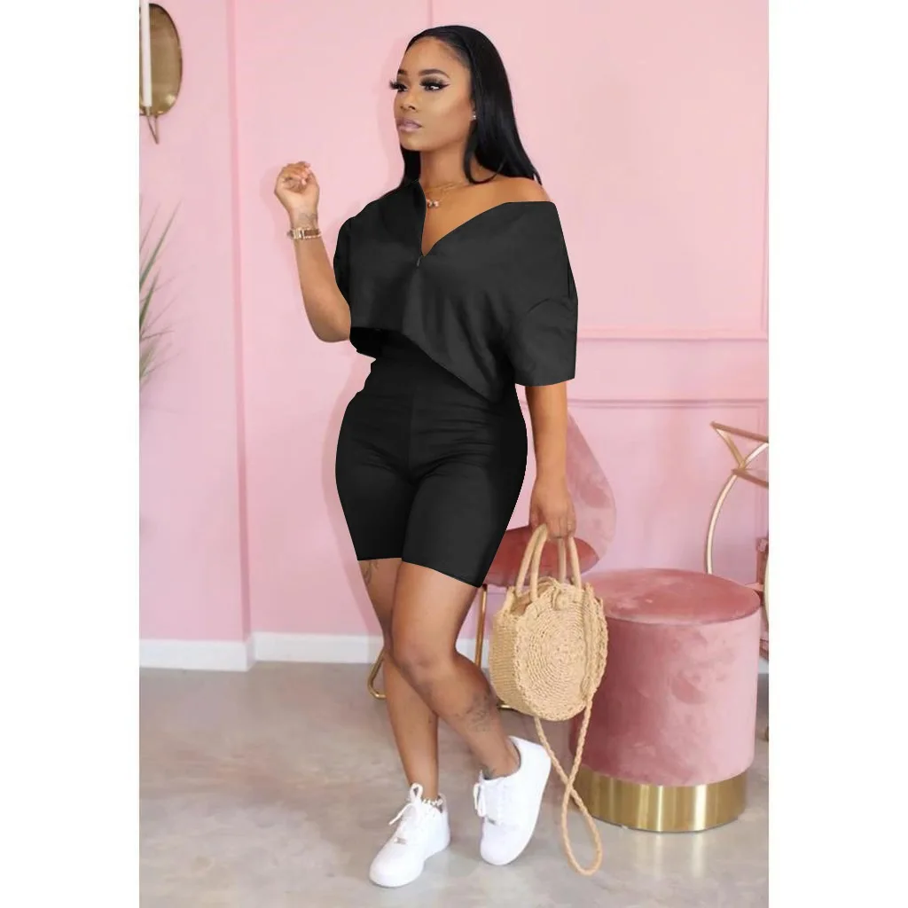 

2021 summer new fashion solid color casual two piece slim V-neck short sleeve shirt and shorts women's suit
