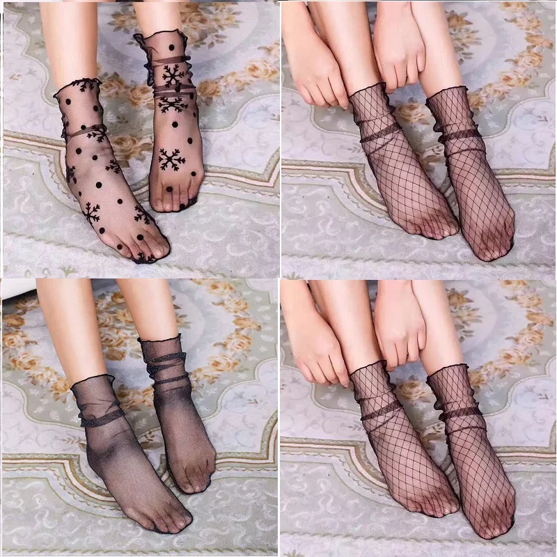 

Women Fishnet Socks Sexy Short Socks Black Thin Mesh Breathable Socks Ruffle Lace Silk Transparent Girls Women's Nylon Sock Sox