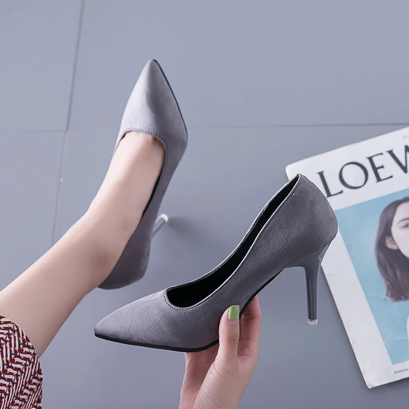 

2020 New Wild Female Single Shoes Korean Fashion Pointed High Heels Shallow Mouth Sexy Suede Work Shoes Concise Womens Pumps