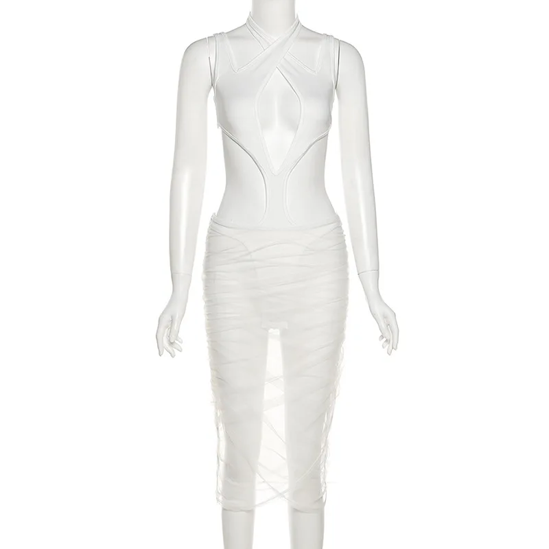 

WJFZQM Sexy Hollow Out Bandage Transparent Bodycon Two Piece Skirt Set Sleeveless Summer Party Club Mini Outfits Fashion Street