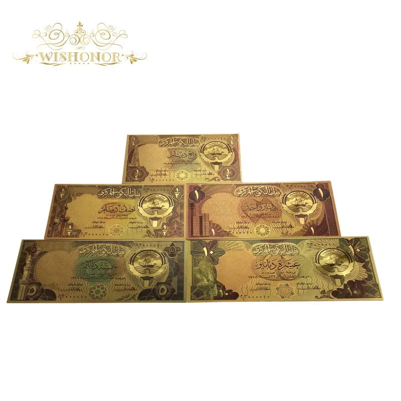 

5pcs/Set New Color Kuwait Banknote Gold Plated Paper Money Crafts For Collection Note Currency