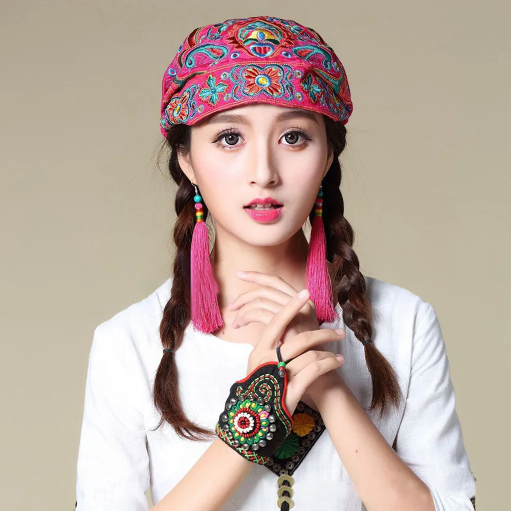 Women Mexican Style Ethnic Vintage Embroidery Flowers Bandanas Red Print Hat шапка женская зимняя czapka zimowa winter hat |