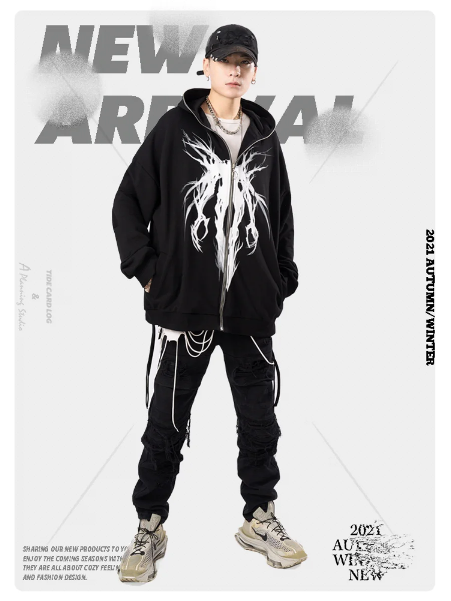 100% Cotton Men's Women's Clothing Loose Personalized Print Shirt Cardigan High Street Casual Hip Hop Zipper Jacket for Couples |