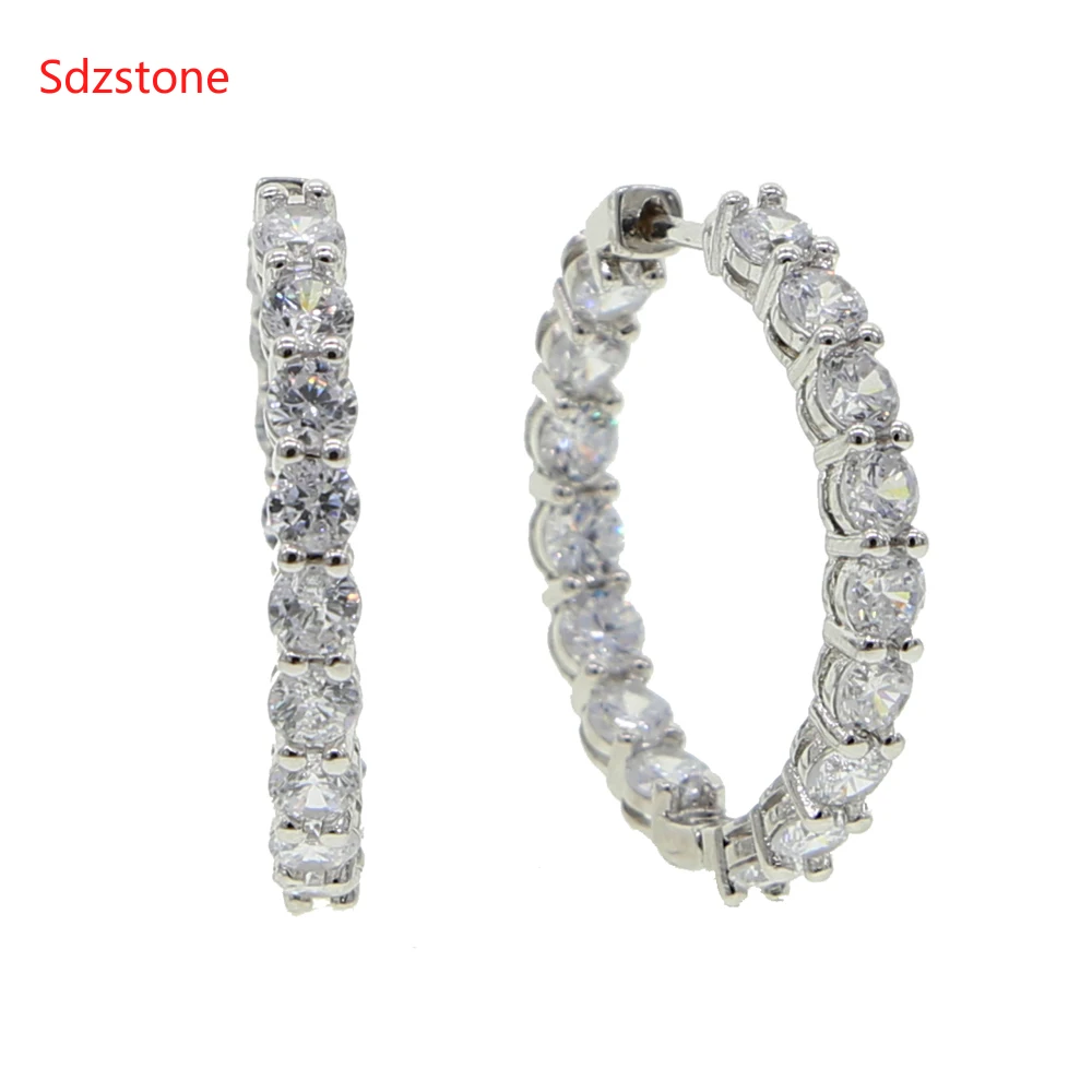 Серьги-кольца женские 32 мм с фианитом гладкие серьги круглые большие | Украшения