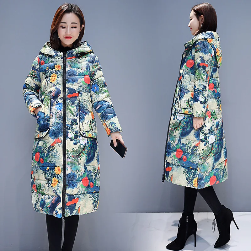 LIGHT BLUE Шикарное длинное цветное пальто с капюшоном и принтом, Женское зимнее пуховое пальто большого размера, Толстая теплая куртка для пекарни, ватные парки с хлопковой подкладкой - Цвет: LIGHT BLUE