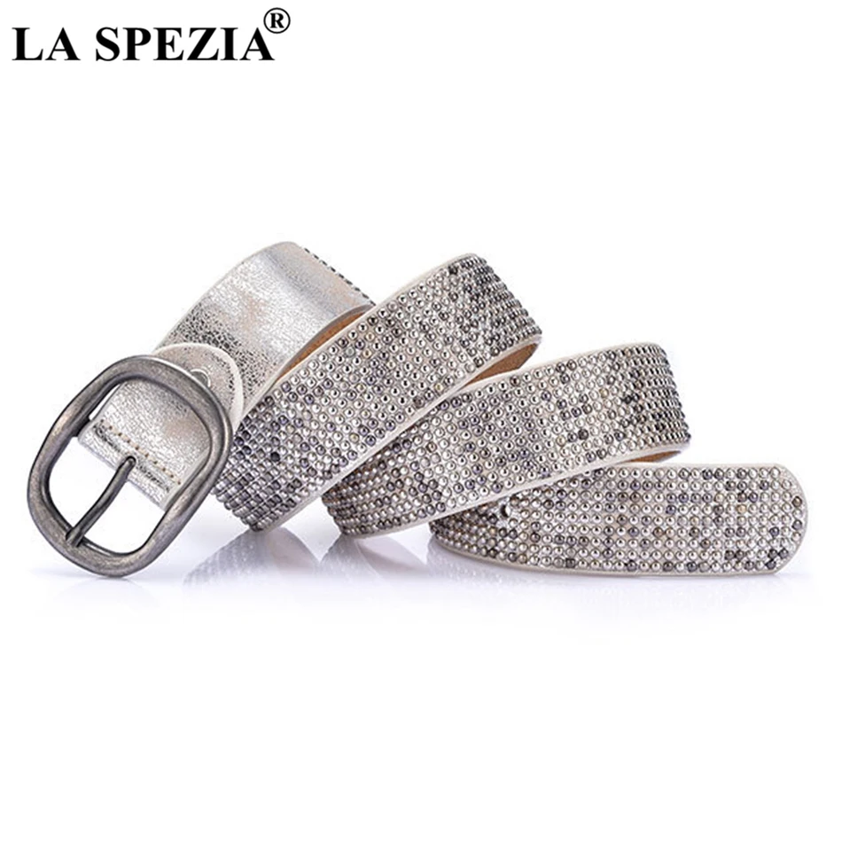 LA SPEZIA Women Belt Rivet Gold Belt For Trousers Pin Buckle Female Real Leather Cowskin High Quality Ladies Rock Belts