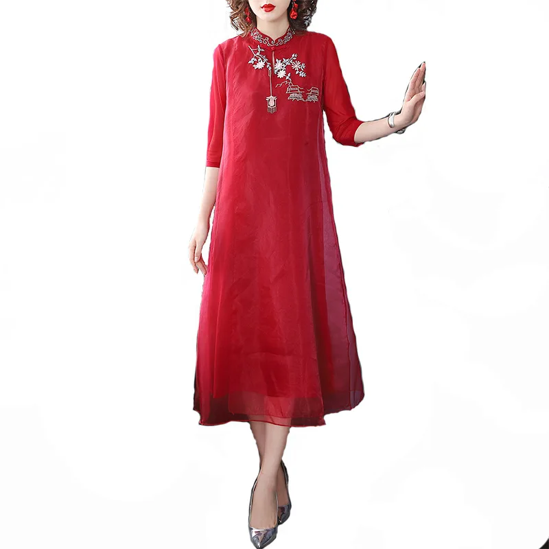 

High Quality Brand Chinese Qipao 2020 Spring Party Vintage Woman Organza Embroidery Mid-Calf Straight Wine Red White Dress