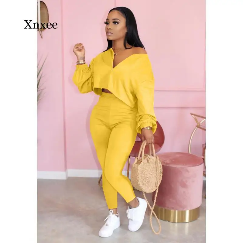 

Spring and Autumn Women's Solid Color 2-Piece Ladies Sportswear Crop Tops Set Jogger Sportswear Ladies Workout Set 2021