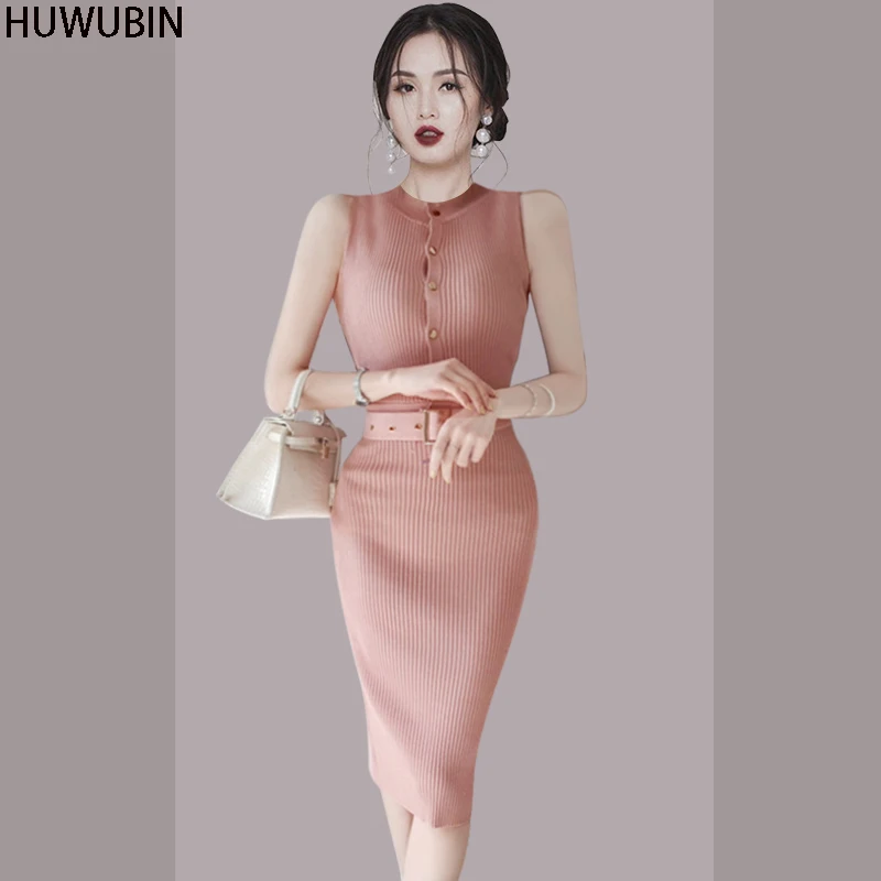 

Женский жилет с круглым вырезом, пикантное облегающее трикотажное Повседневное платье на бретелях, с поясом, в Корейском стиле, на лето