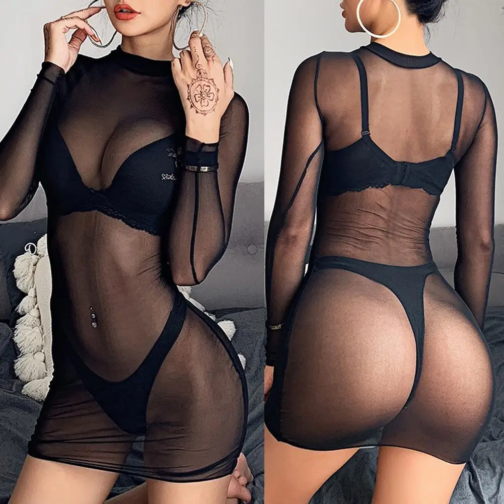 

Women Sexy Solid Color Long Sleeve See Through Sheer Nightwear Bodycon Dress