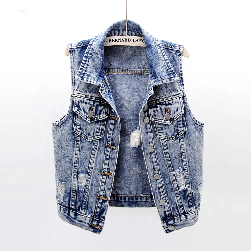 

2020 NEW women sleeveless denim vests jackets ripped holes vintage Korean slim dress t-shirt waistcoats JC210