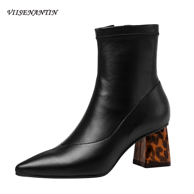 

Модные леопардовые укороченные ботинки на толстом каблуке, женские ботильоны с острым носком и боковой молнией, яркие эластичные тонкие бо...