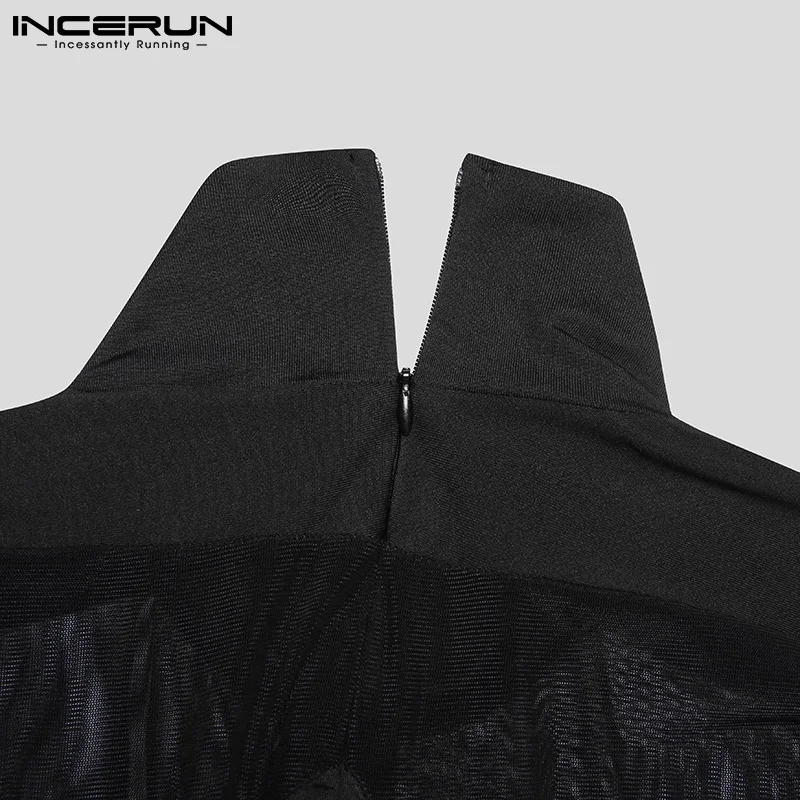 INCERUN Comfortable Homewear New Mens Sexy Casual Short Jumpsuits Solid Color Splicing Breathable Mesh Sleeveless Bodysuit S-5XL