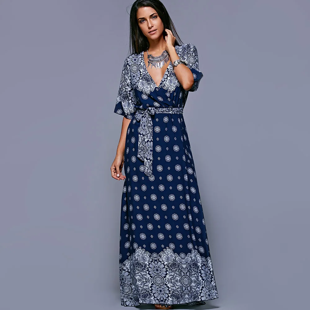 Boho Woman Dresses Sexy Deep V Neck Retro Vintage Floral Print Half Sleeve Tunic Belted Long Maxi Dress Female 2021 | Женская одежда