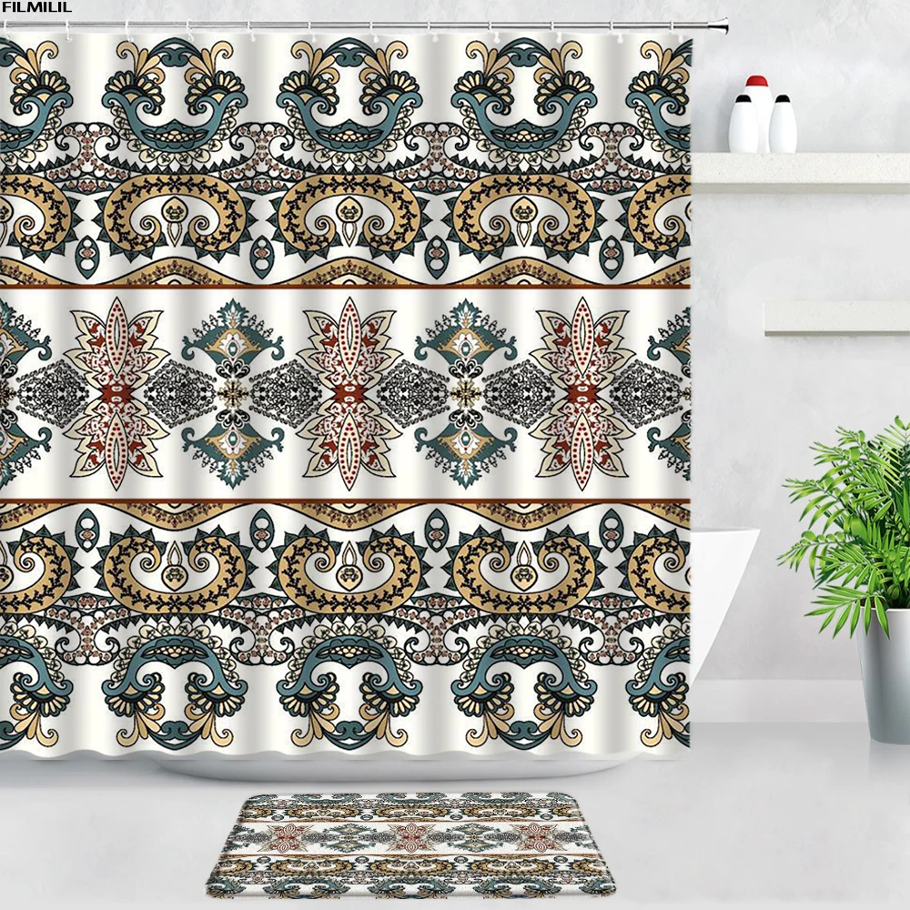 

Black White Ethnic Style Floral Shower Curtains Bath Mats Set Paisley Mandala Flower Bathroom Rug Door Pad Non-slip Carpet Decor