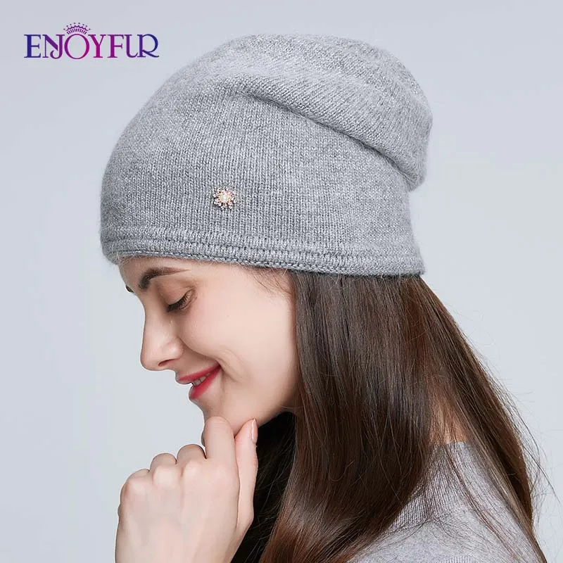 Женская двухслойная шапка бини ENJOYFUR теплая вязаная из Ангорского меха кролика на