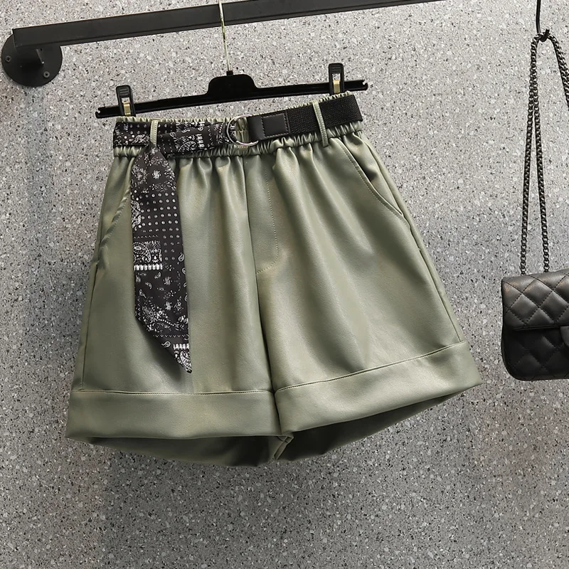 

Autumn Winter Korean Fashion High Waisted Wide Leg Pants PU Black Green 4xl Plus Size Shorts Women