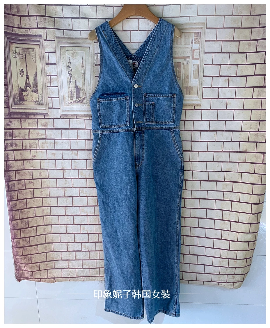 

Factory outlet metal buttons denim Rompers straight Tooling high waist denim jumpsuit female Korea bf was thin jumpsuit F1724