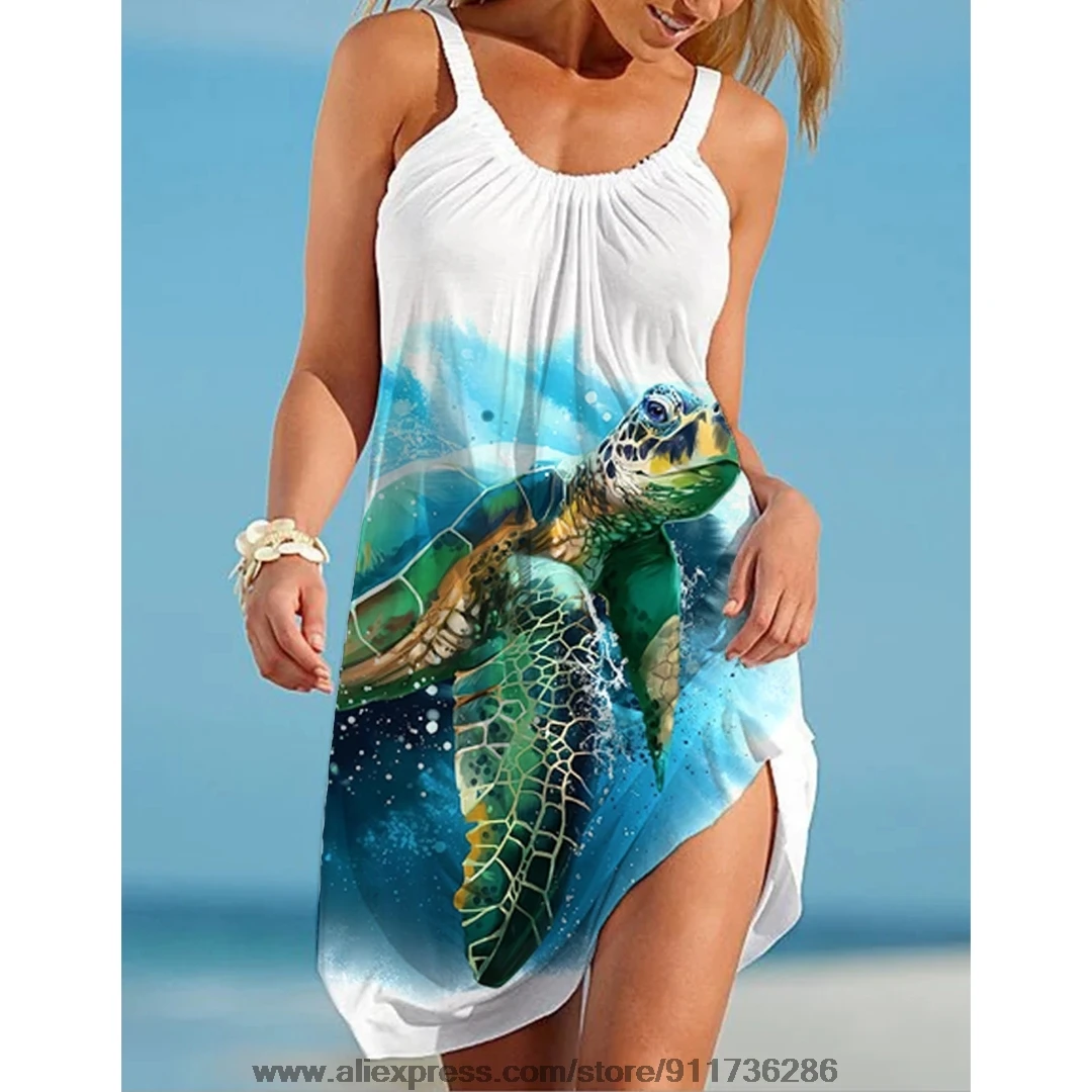 

2022 Summer Holiday Dress Ocean Sea Turtles Vacation Party 3D Print Women Streetwear Female Loose Condole Belt Round Beachwear
