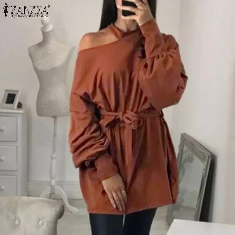 Блузка ZANZEA женская с поясом модная туника открытыми плечами и пышными рукавами