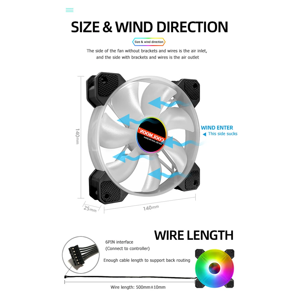 Бесшумный кулер COOLMOON 140 мм с RGB подсветкой бесшумный для ПК корпусом компьютера