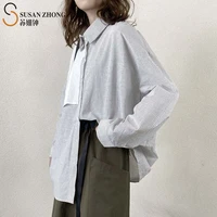 women shirts female blouse lady top 2021 spring natural normcore casual stripe print cotton turn down collar patchwork pockets